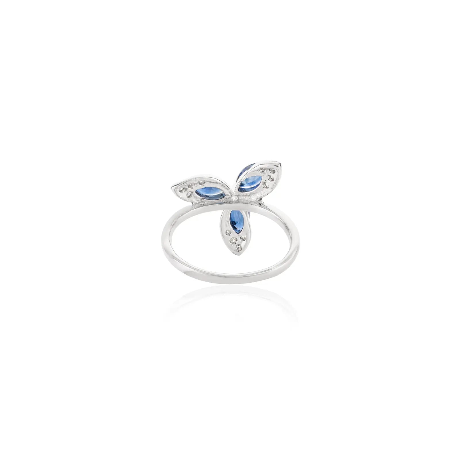 14K Solid White Gold Blue Sapphire Flower Ring