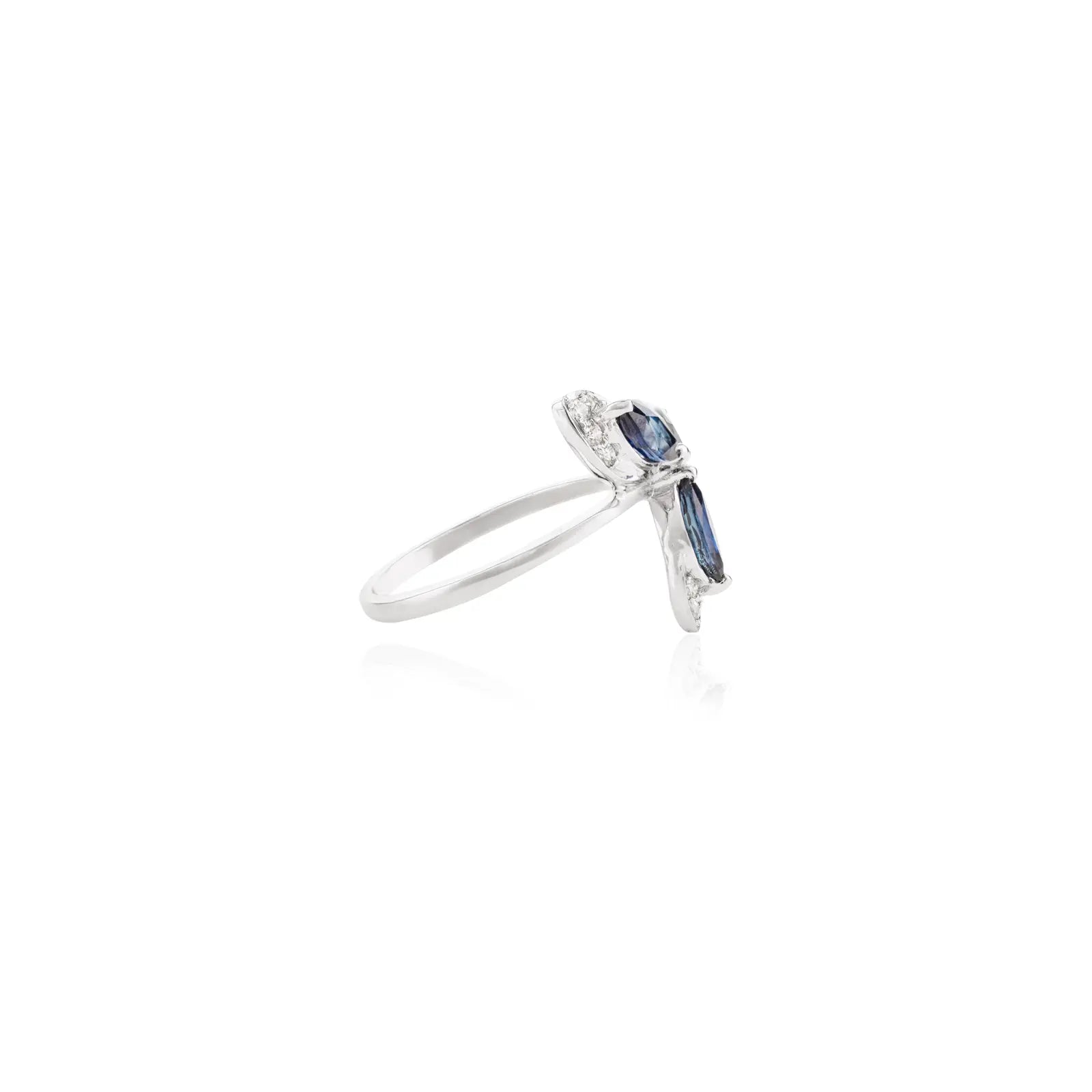 14K Solid White Gold Blue Sapphire Flower Ring