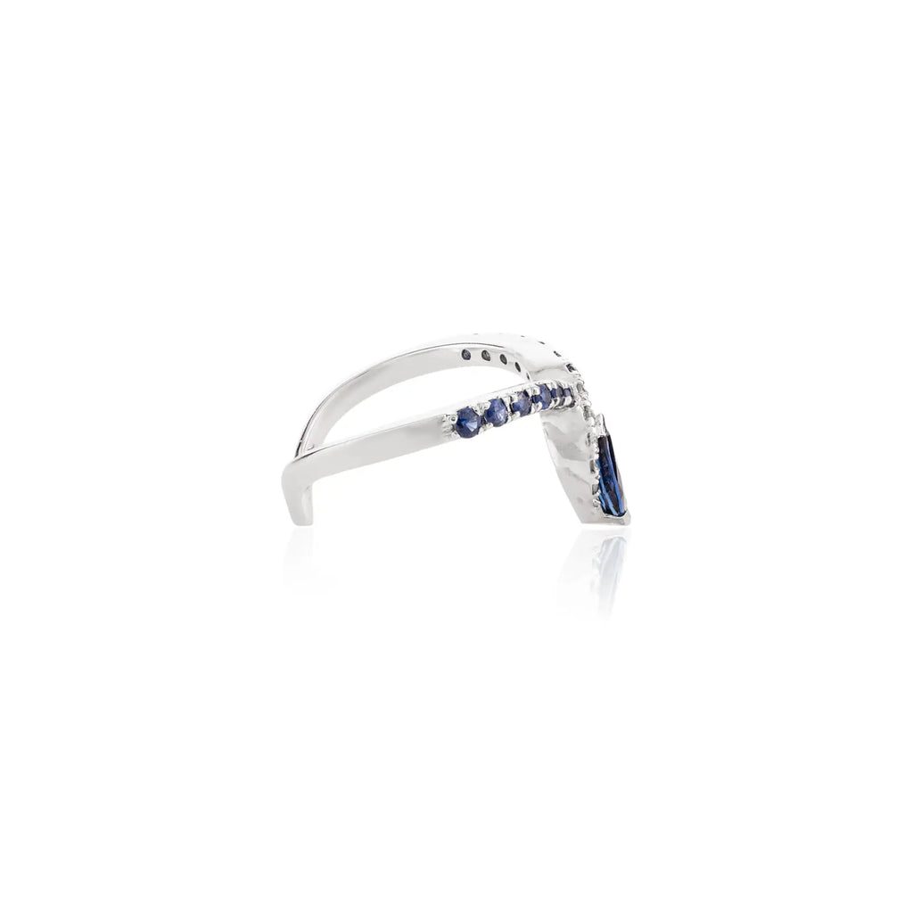 14K Solid White Gold Blue Sapphire Chevron Ring Image