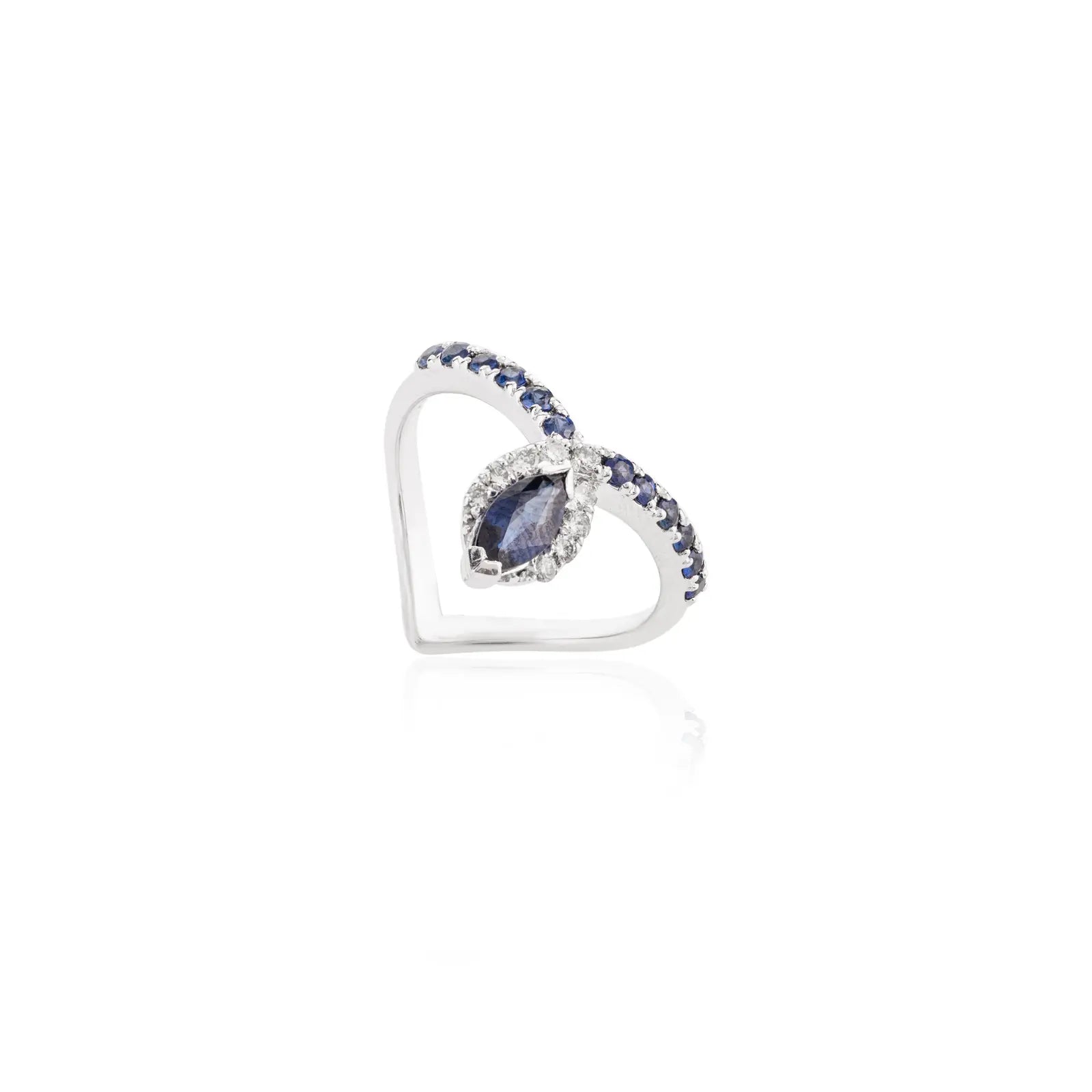 14K Solid White Gold Blue Sapphire Chevron Ring