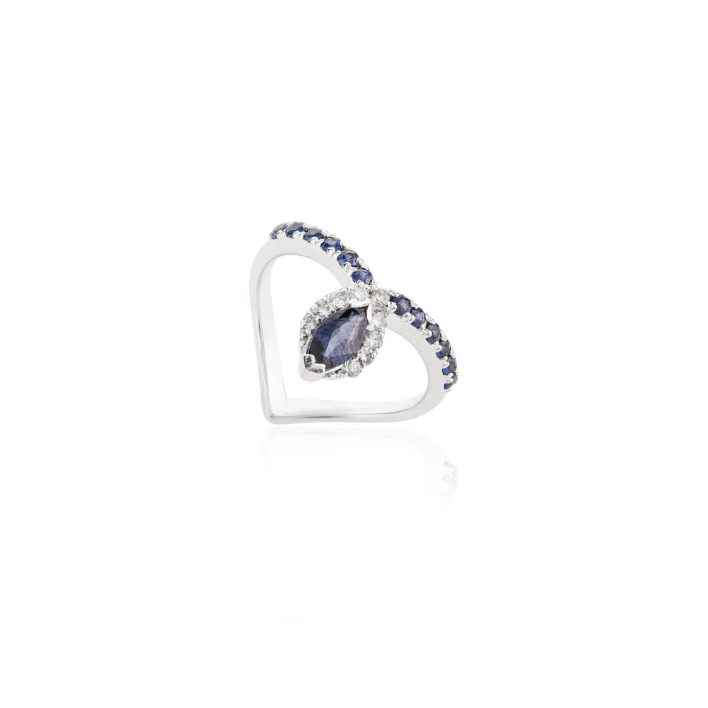 14K Solid White Gold Blue Sapphire Chevron Ring Image