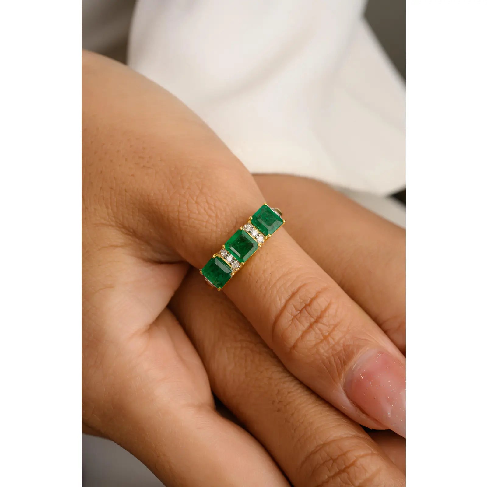 14K Solid Yellow Gold Emerald Diamond Ring