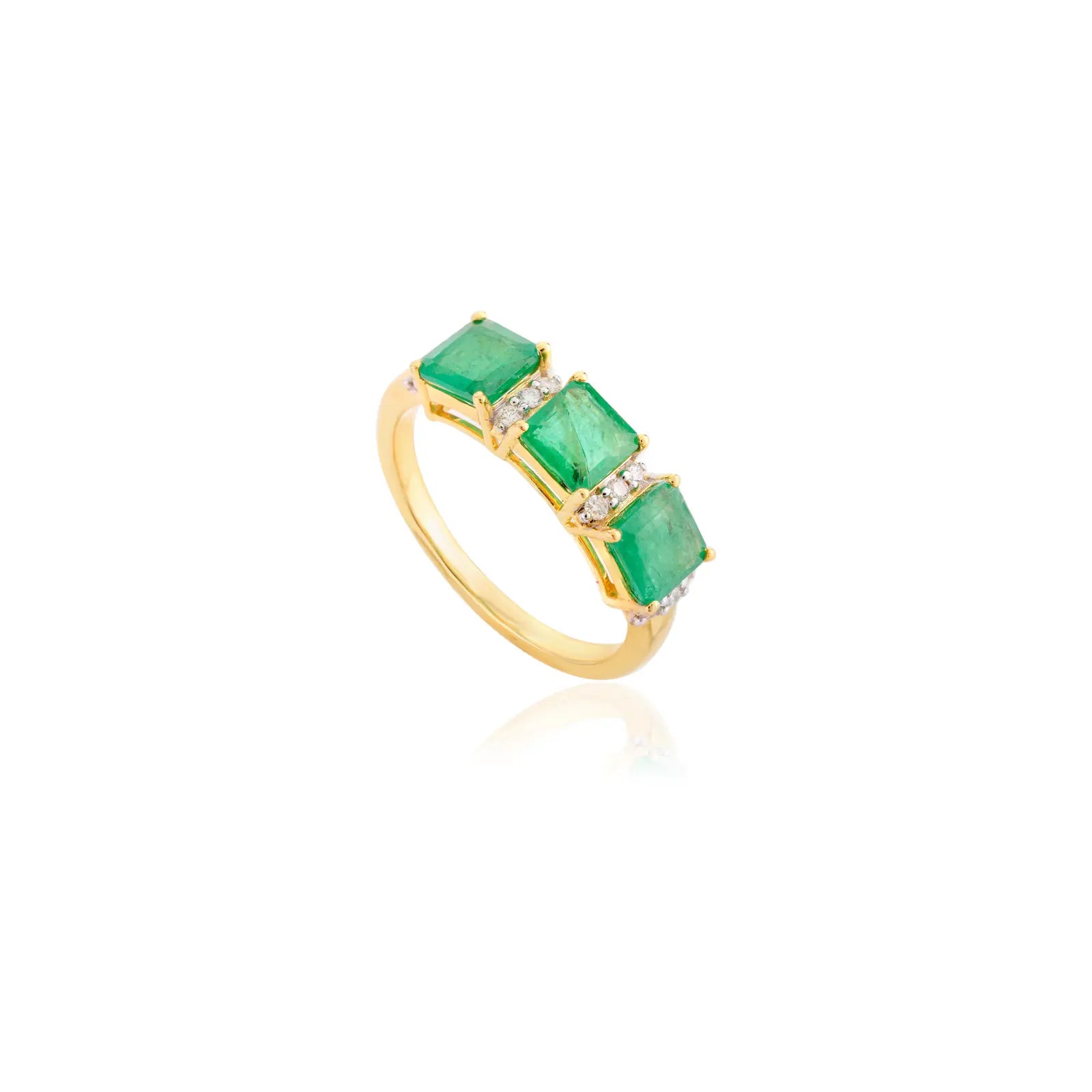 14K Solid Yellow Gold Emerald Diamond Ring