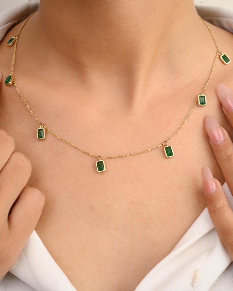 14K Solid Yellow Gold Emerald Charm Necklace