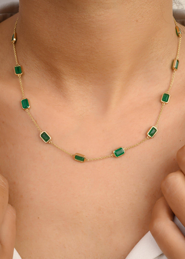 14K Solid Yellow Gold Emerald Station Chain Necklace Image