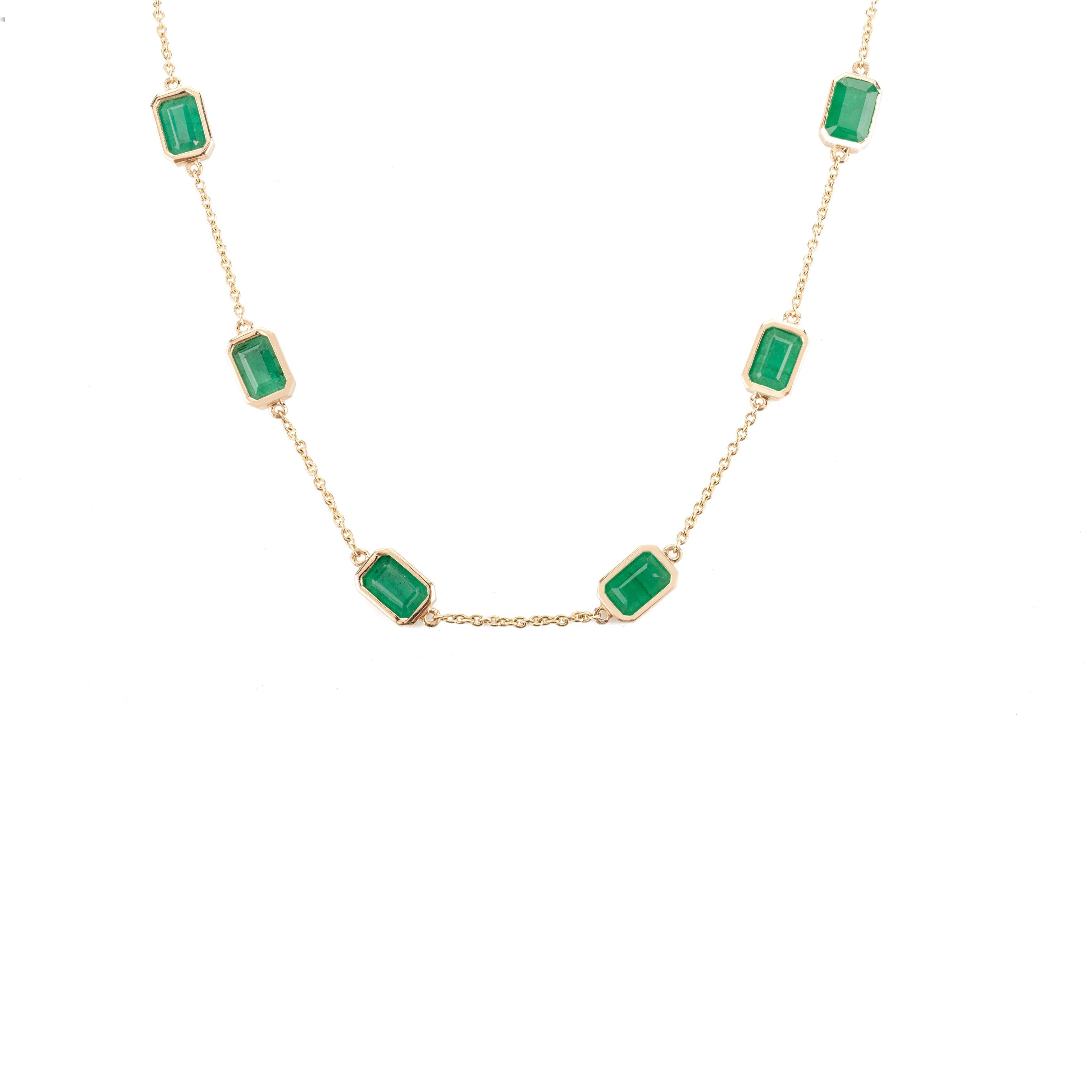 14K Solid Yellow Gold Emerald Station Chain Necklace