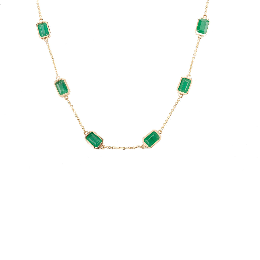 14K Solid Yellow Gold Emerald Station Chain Necklace Image