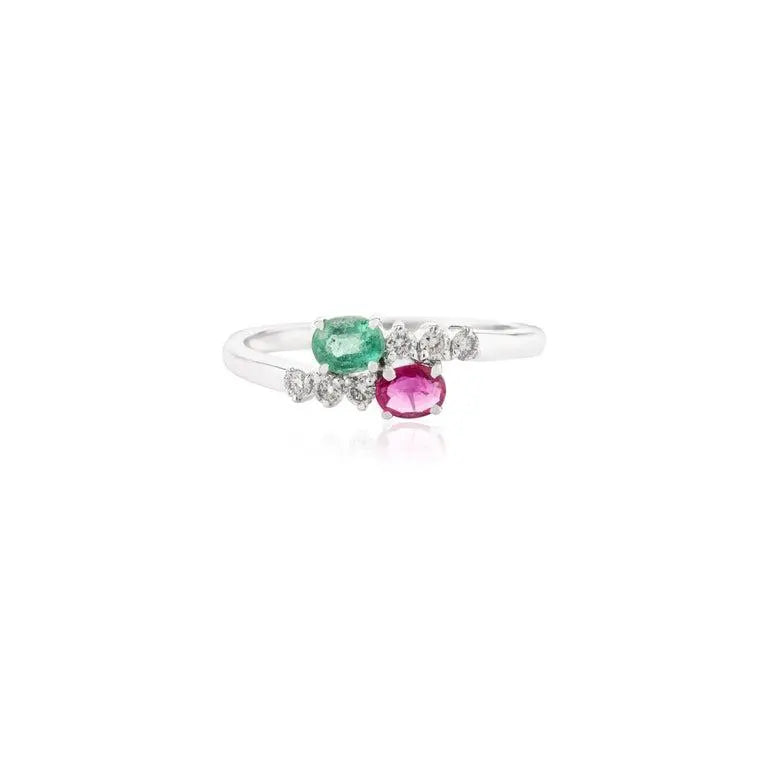 14K Solid White Gold Emerald Ruby Two Stone Ring Image