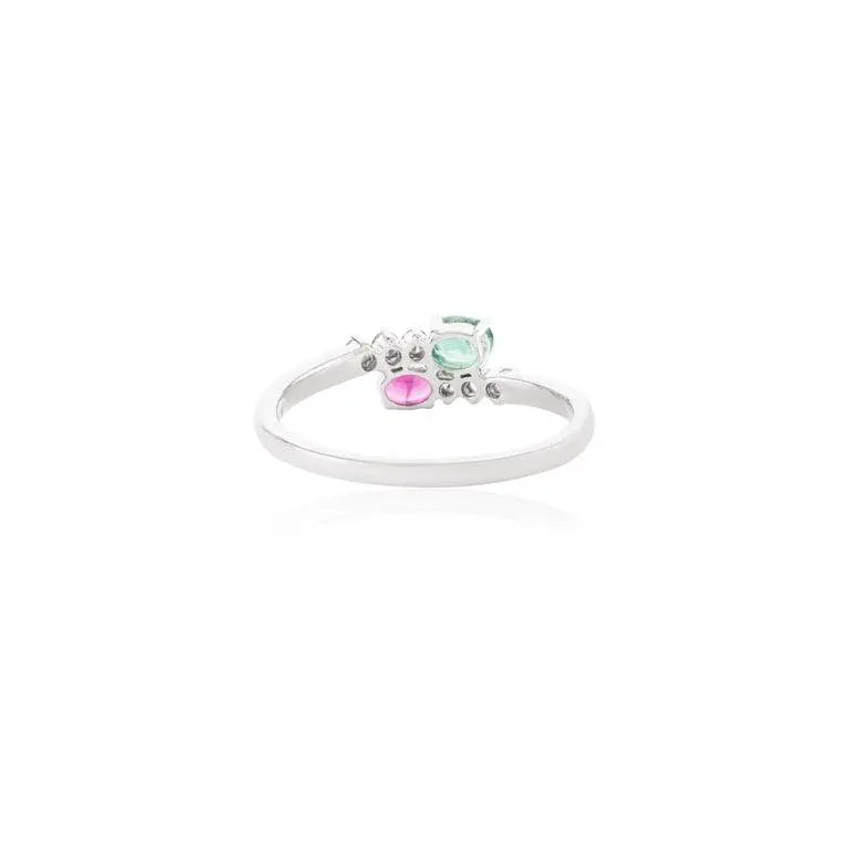 14K Solid White Gold Emerald Ruby Two Stone Ring