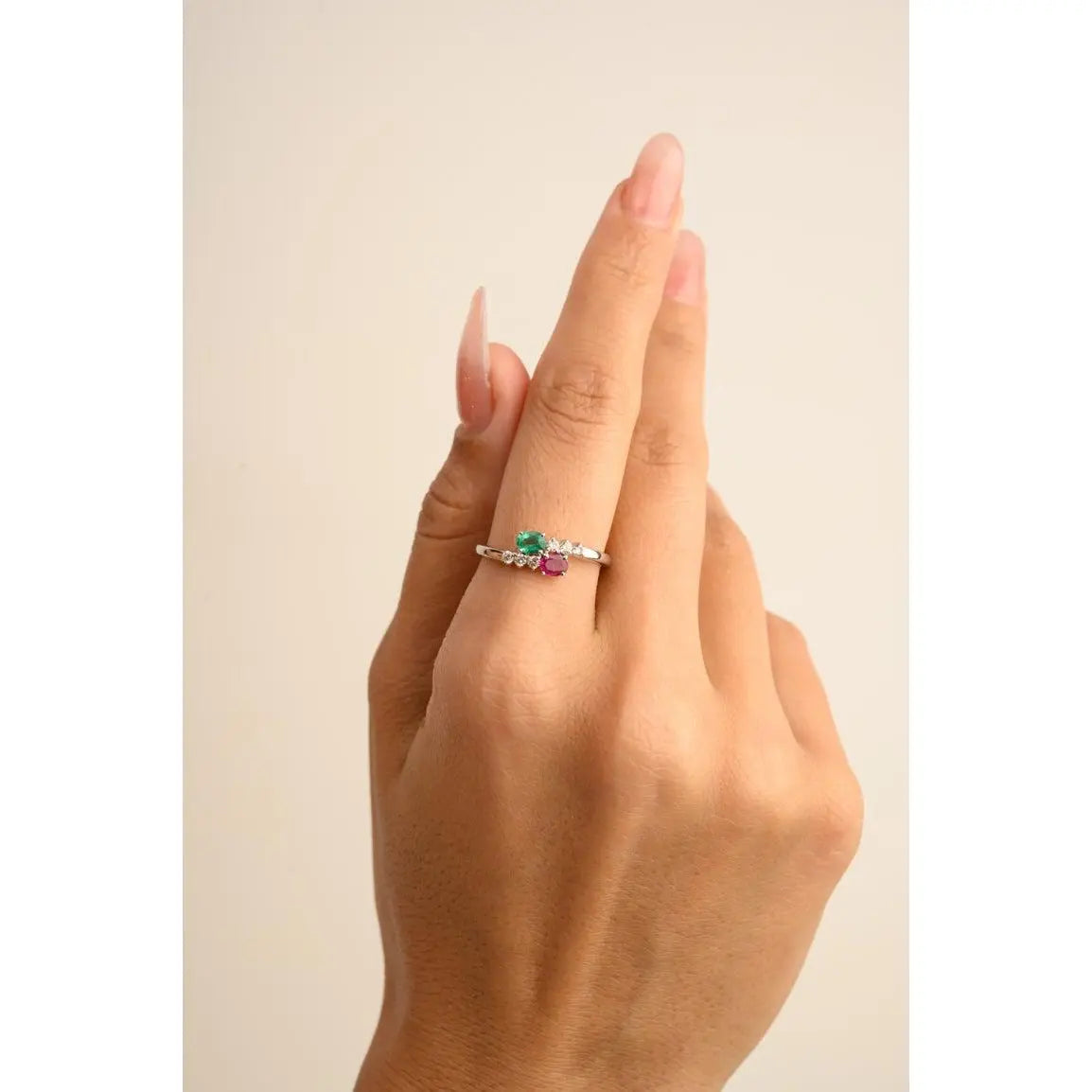 14K Solid White Gold Emerald Ruby Two Stone Ring