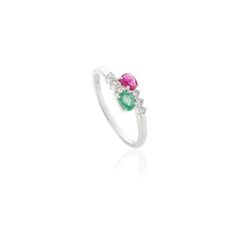 14K Solid White Gold Emerald Ruby Two Stone Ring