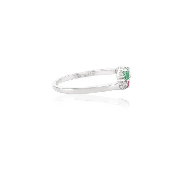 14K Solid White Gold Emerald Ruby Two Stone Ring