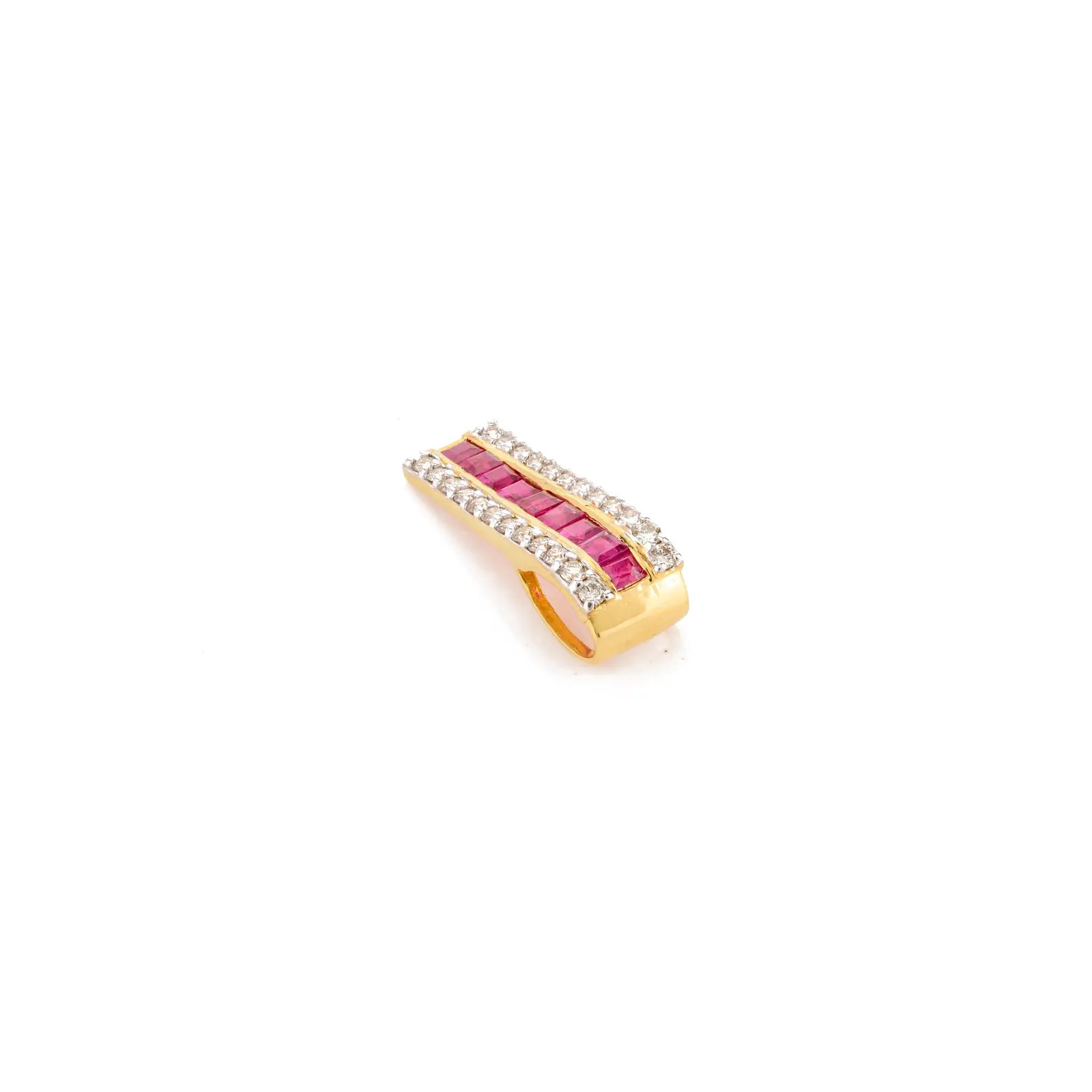 14K Solid Yellow Gold Ruby Diamond Bar Pendant