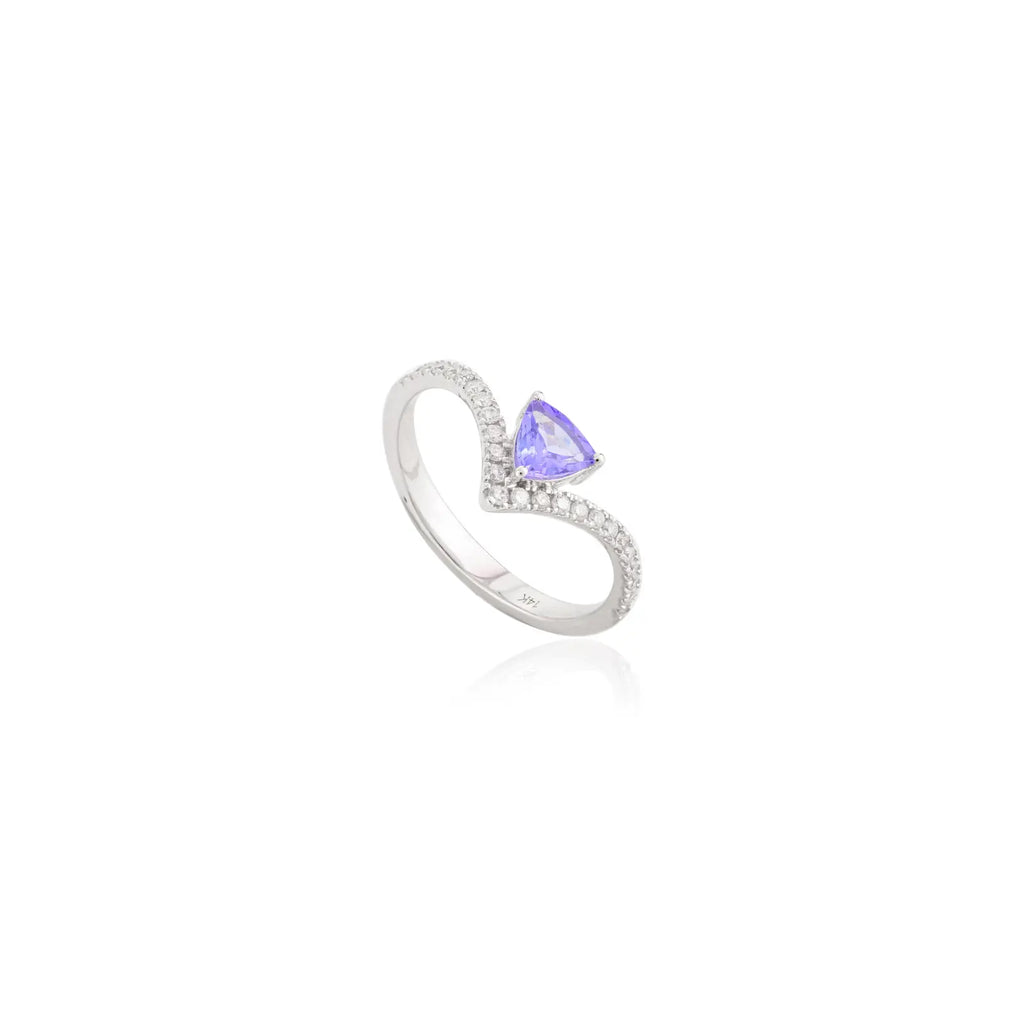 14K Solid White Gold Tanzanite Diamond Chevron Ring Image