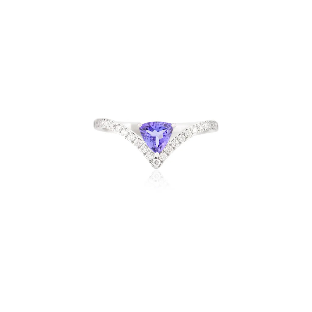 14K Solid White Gold Tanzanite Diamond Chevron Ring Image