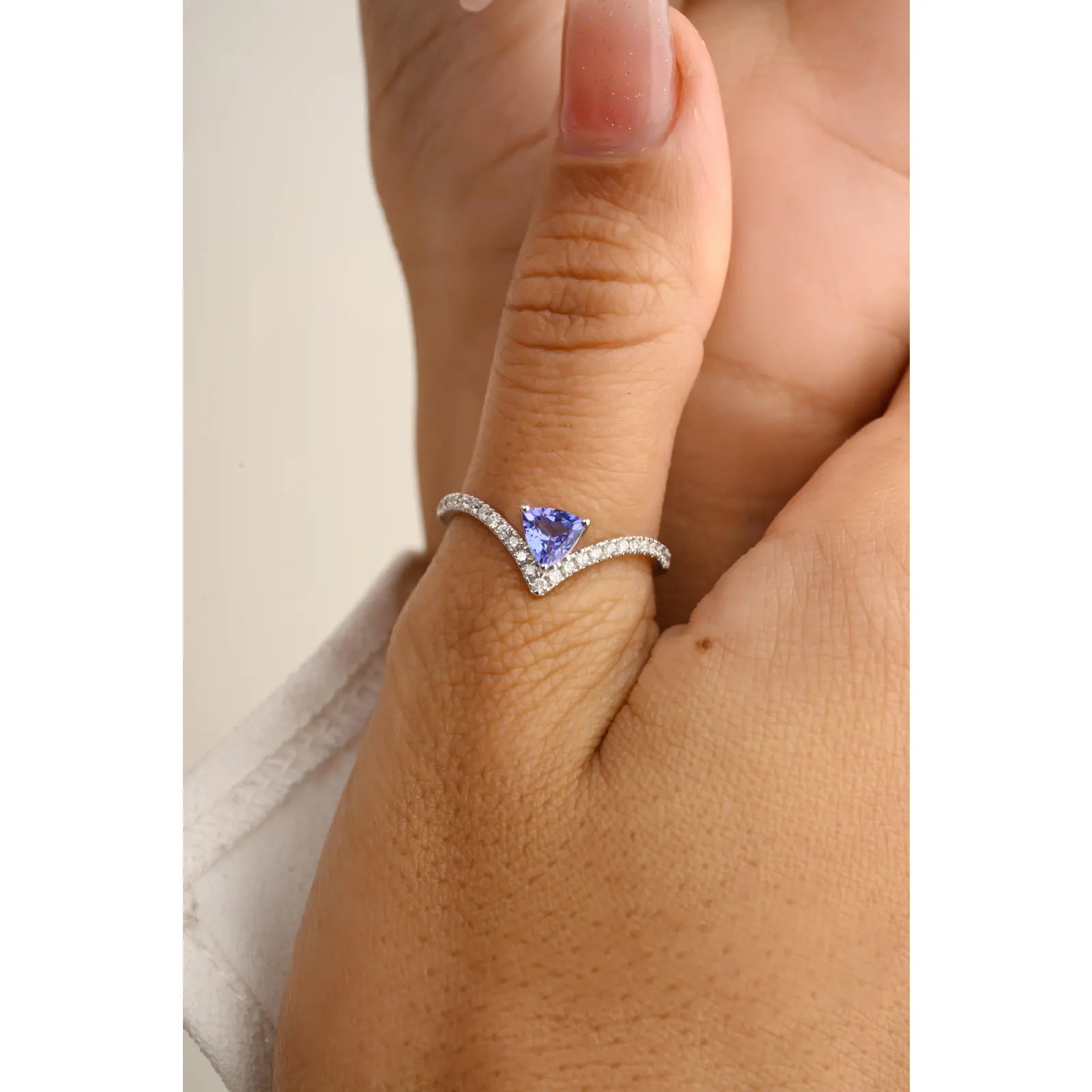 14K Solid White Gold Tanzanite Diamond Chevron Ring