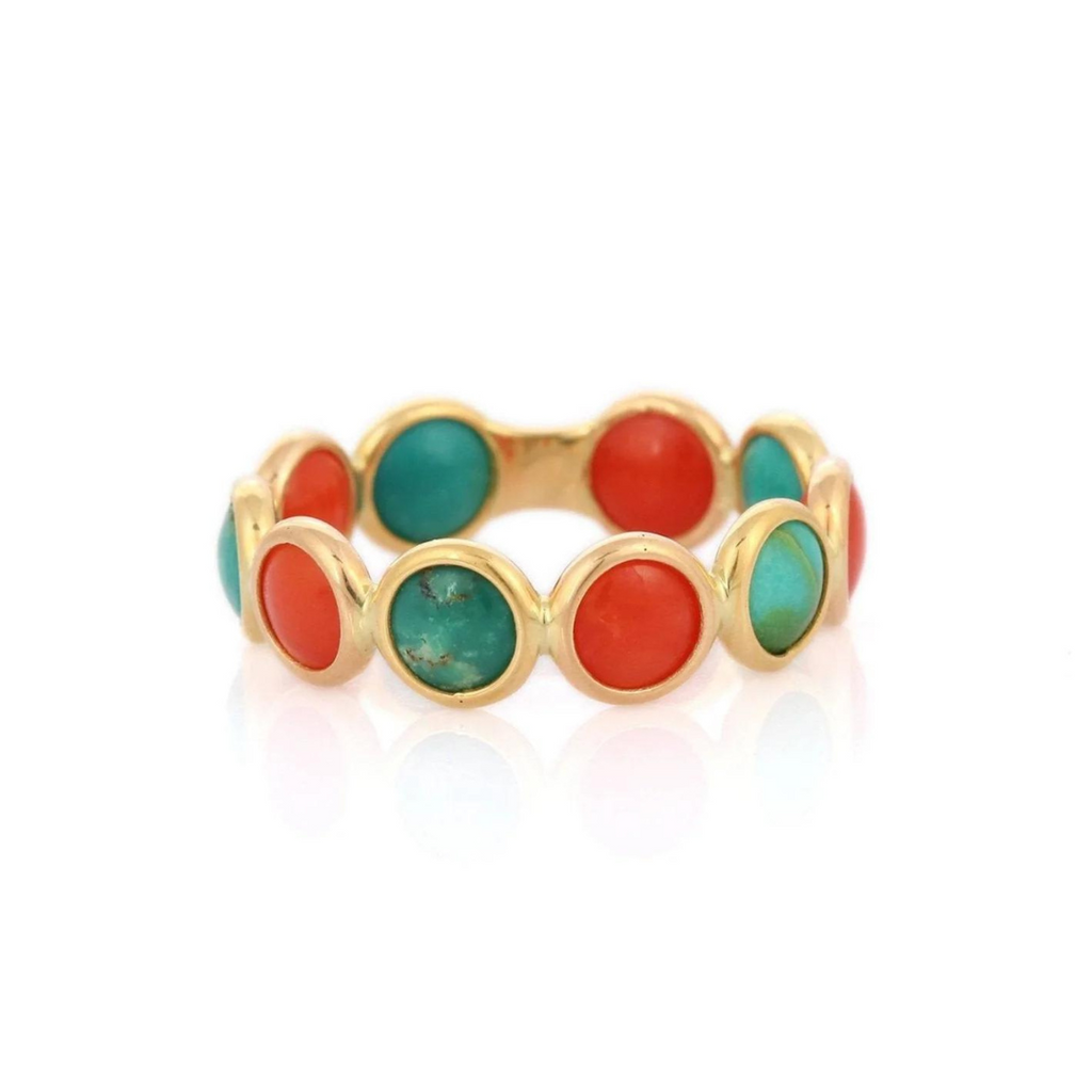 18K Yellow Gold Coral Turquoise Eternity Band Image