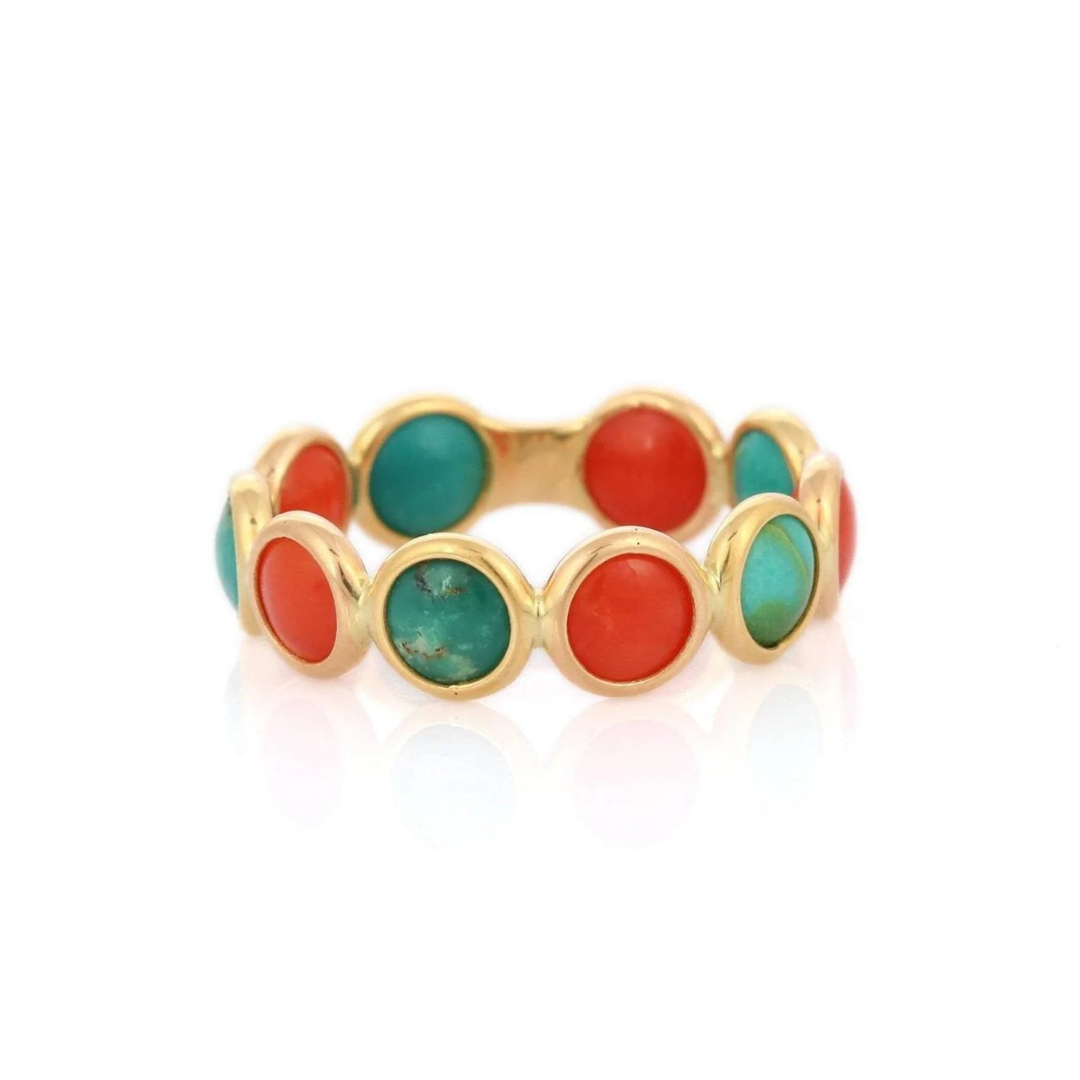 18K Yellow Gold Coral Turquoise Eternity Band
