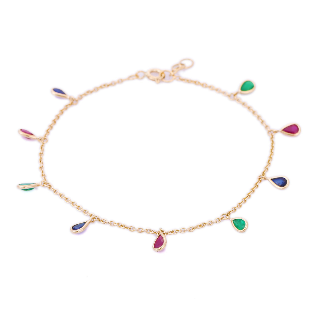 18K Gold Ruby Sapphire Emerald Charm Bracelet