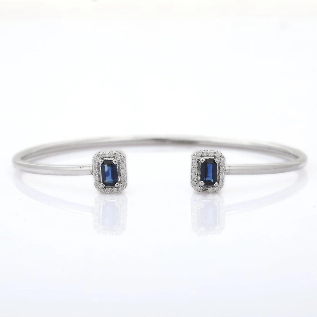 18K White Gold Blue Sapphire Diamond Bangle Bracelet