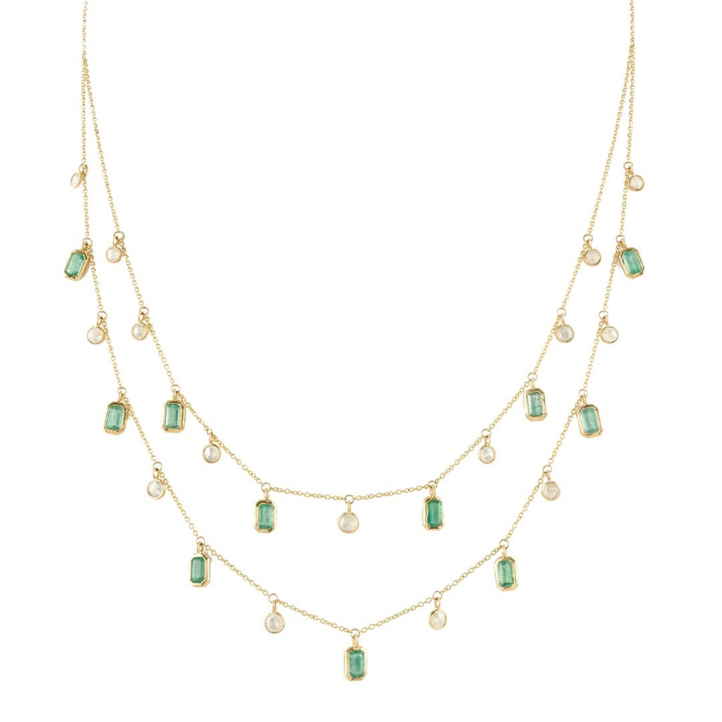 18K Emerald and Diamond Station Charm Necklace Image