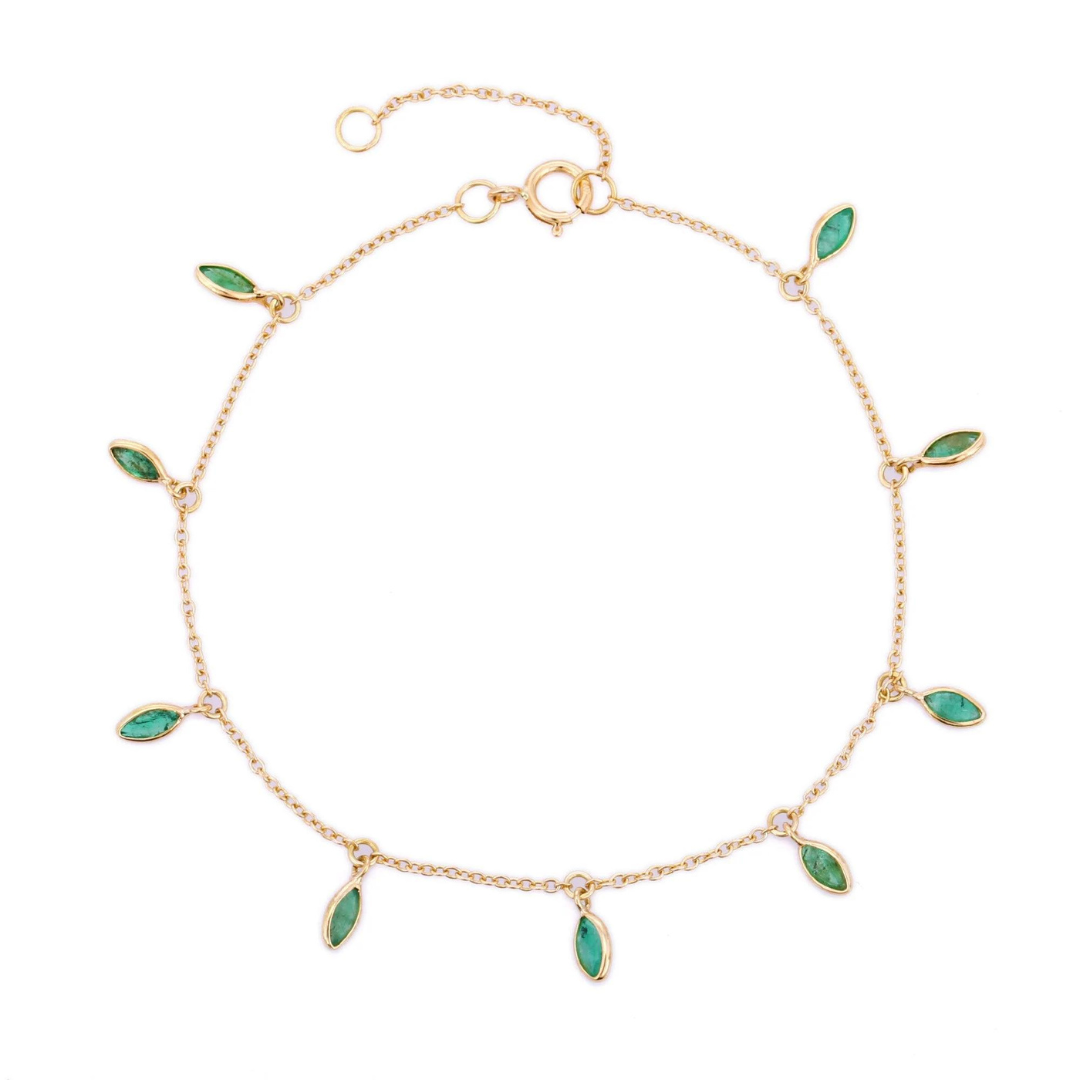 18K Gold Marquise Emerald Charm Bracelet