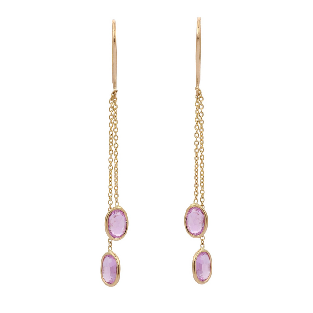 18K Gold Pink Sapphire Chain Dangle Earrings Image