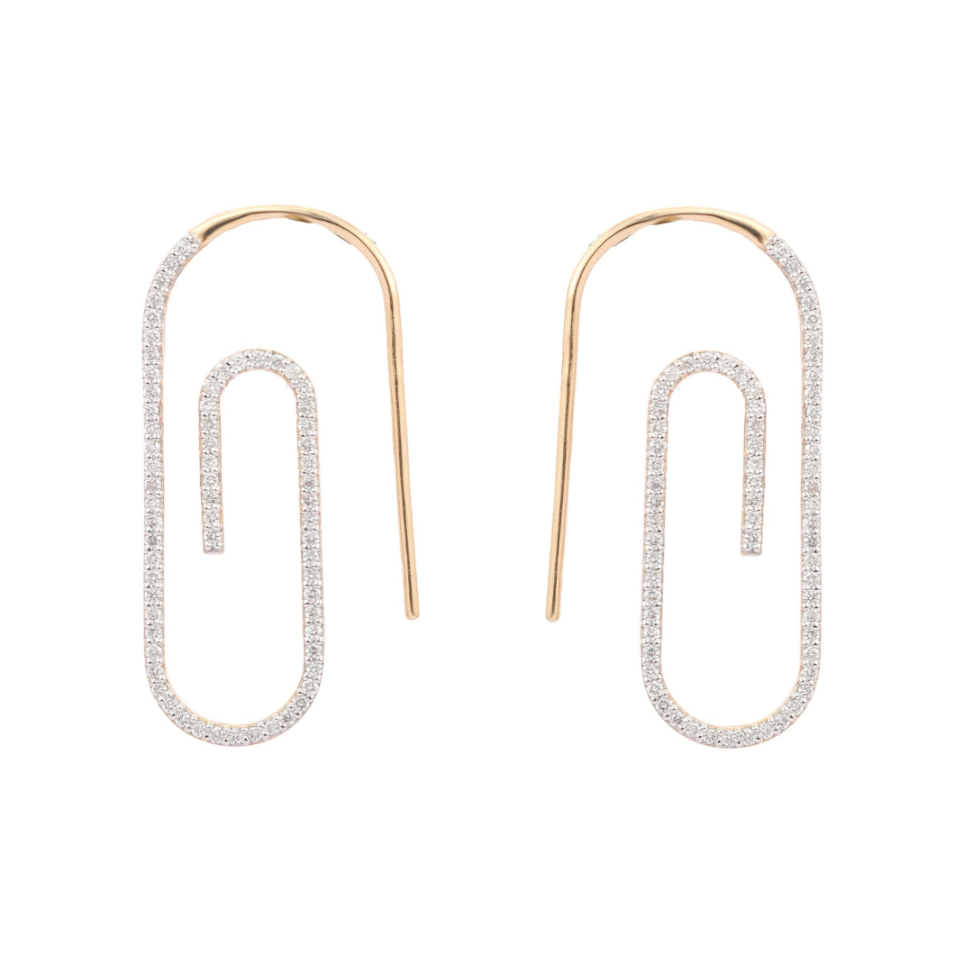 14K Gold Paper Clip Diamond Earrings