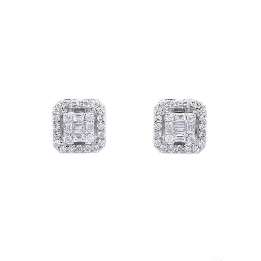 14K Solid White Gold Cluster Square Diamond Studs Image