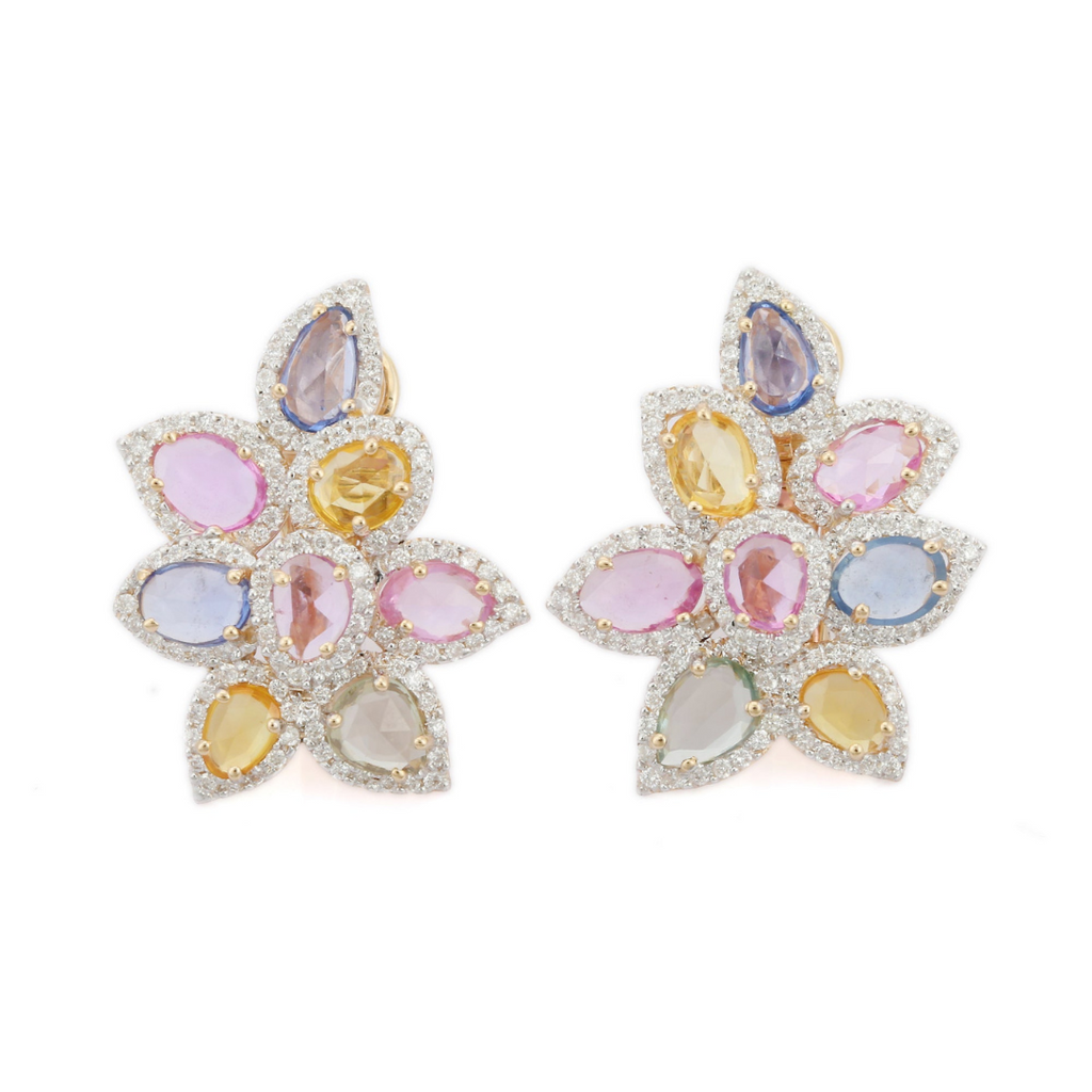 14K Yellow Gold Floral Multi Sapphire Diamond Earrings Image