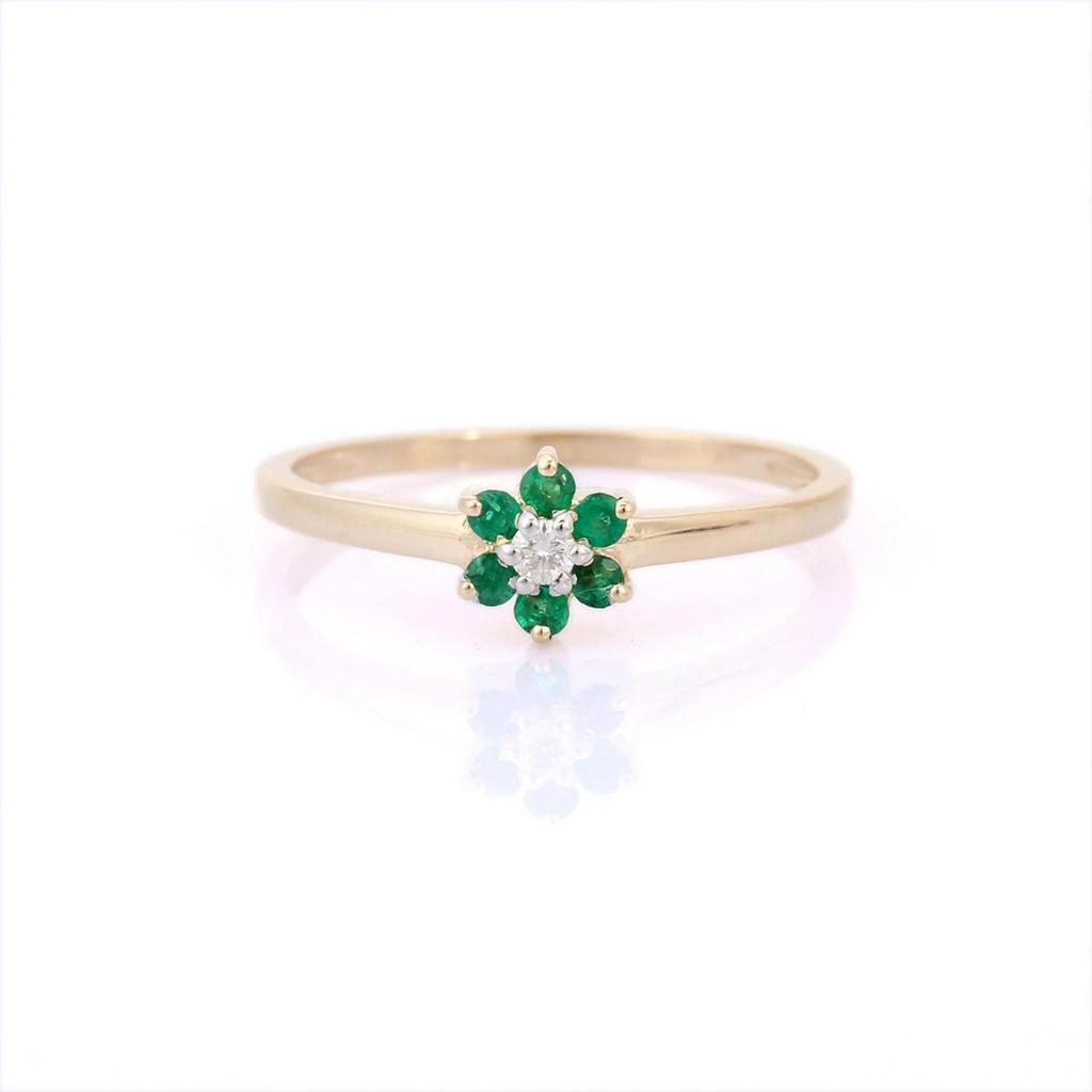14K Gold Emerald & Diamond Flower Ring Image
