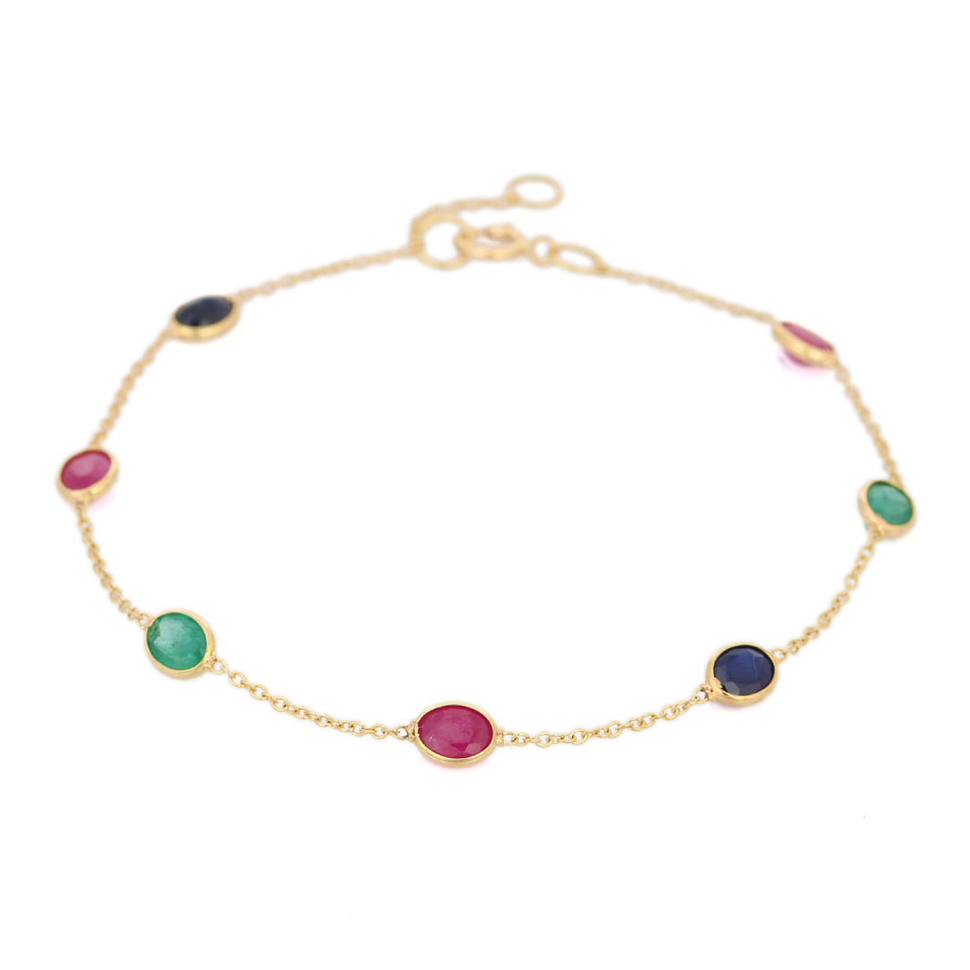 18K Ruby Emerald and Blue Sapphire Gemstone Bracelet