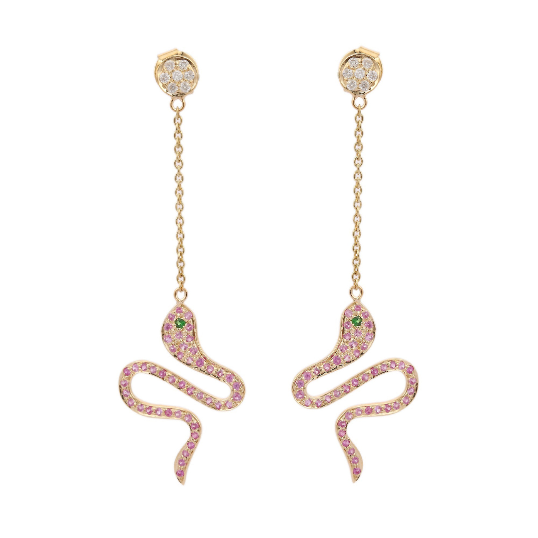 14K Yellow Gold Pink Sapphire Snake Dangle Earrings