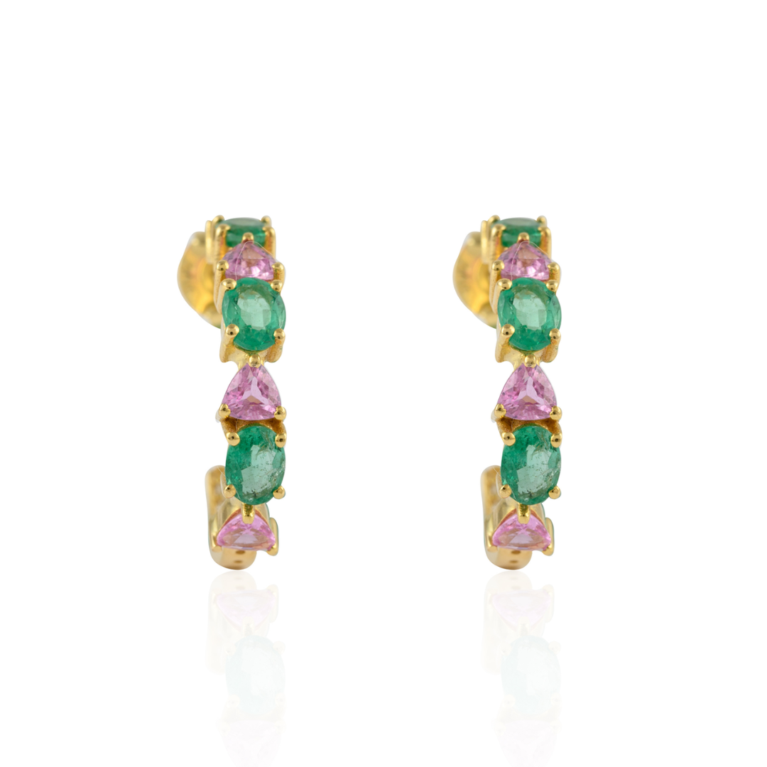 14K Yellow Gold Emerald and Pink Sapphire Earrings