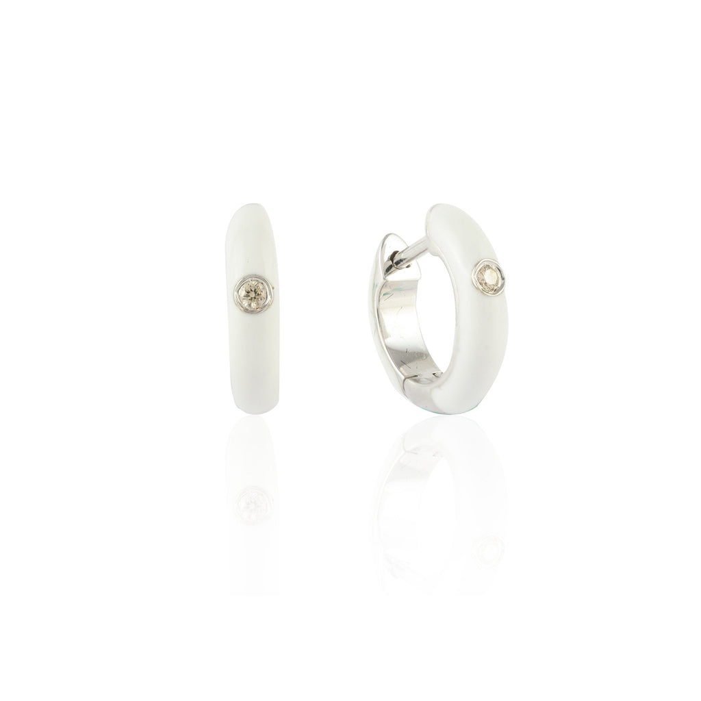 14K White Gold Enamel Huggie Hoop Diamond Earrings Image