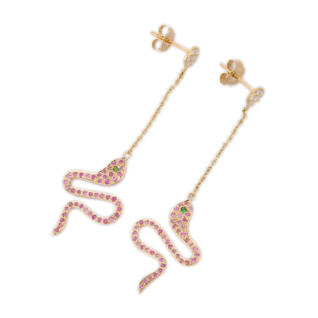 14K Yellow Gold Pink Sapphire Snake Dangle Earrings Image