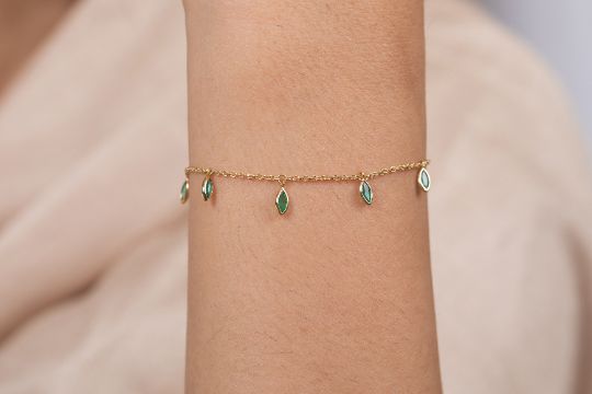 18K Gold Marquise Emerald Charm Bracelet Image