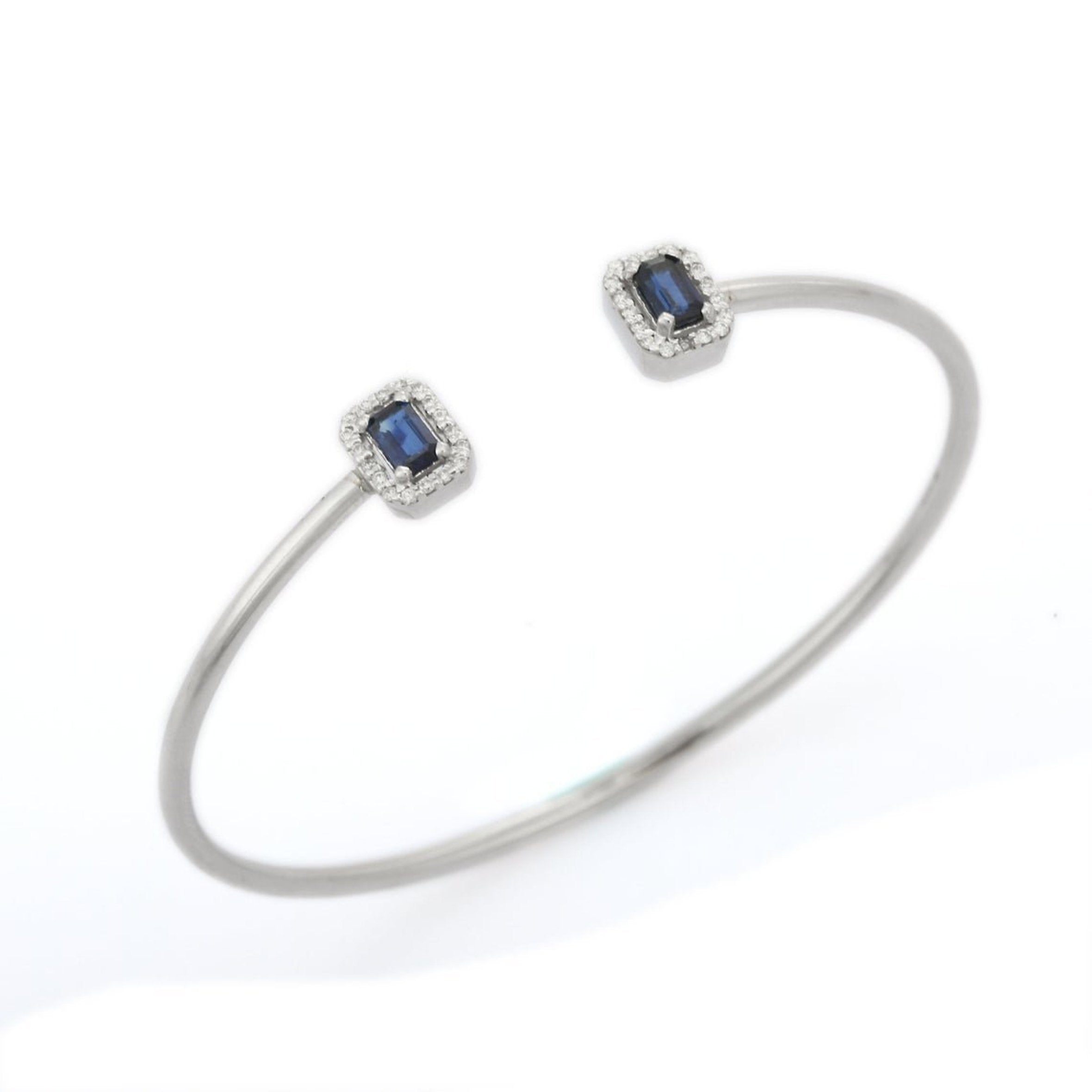 18K White Gold Blue Sapphire Diamond Bangle Bracelet - VR Jewels