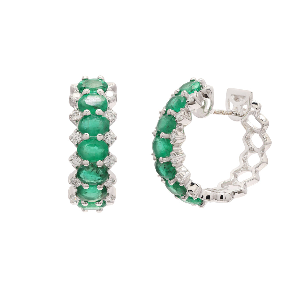 18K Gold Emerald Diamond Designer Hoop Earrings Image