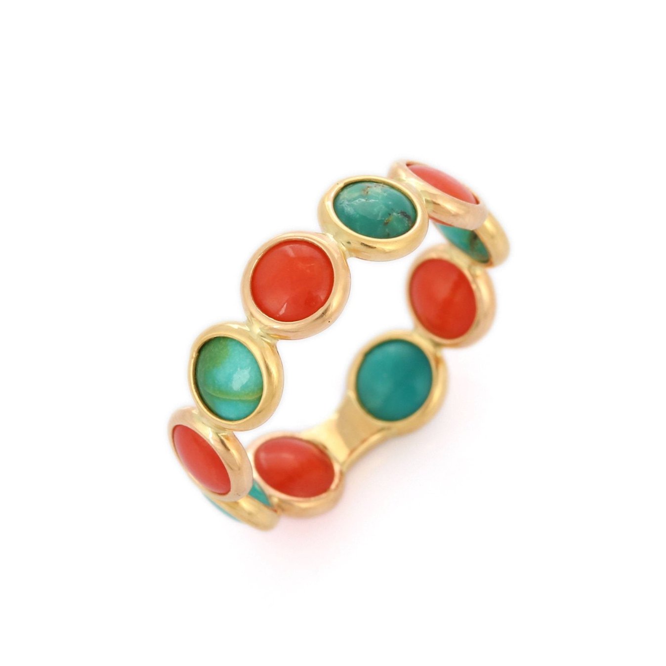 18K Yellow Gold Coral Turquoise Eternity Band - VR Jewels