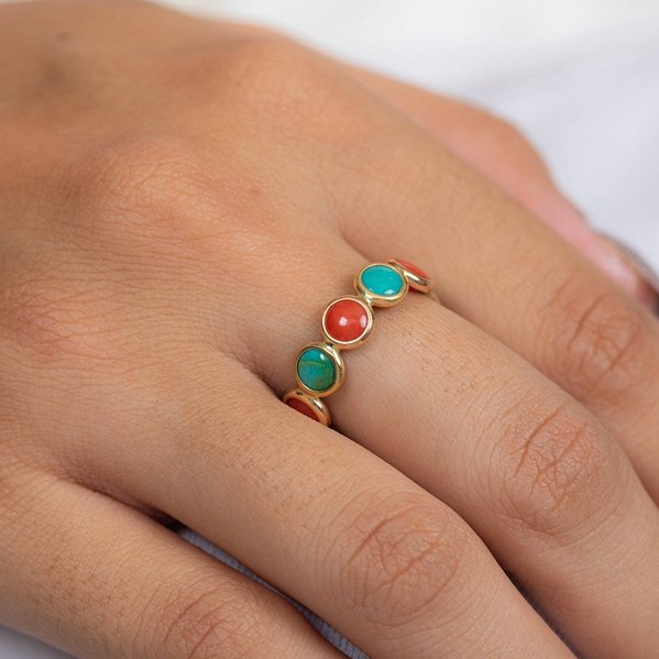 18K Yellow Gold Coral Turquoise Eternity Band - VR Jewels