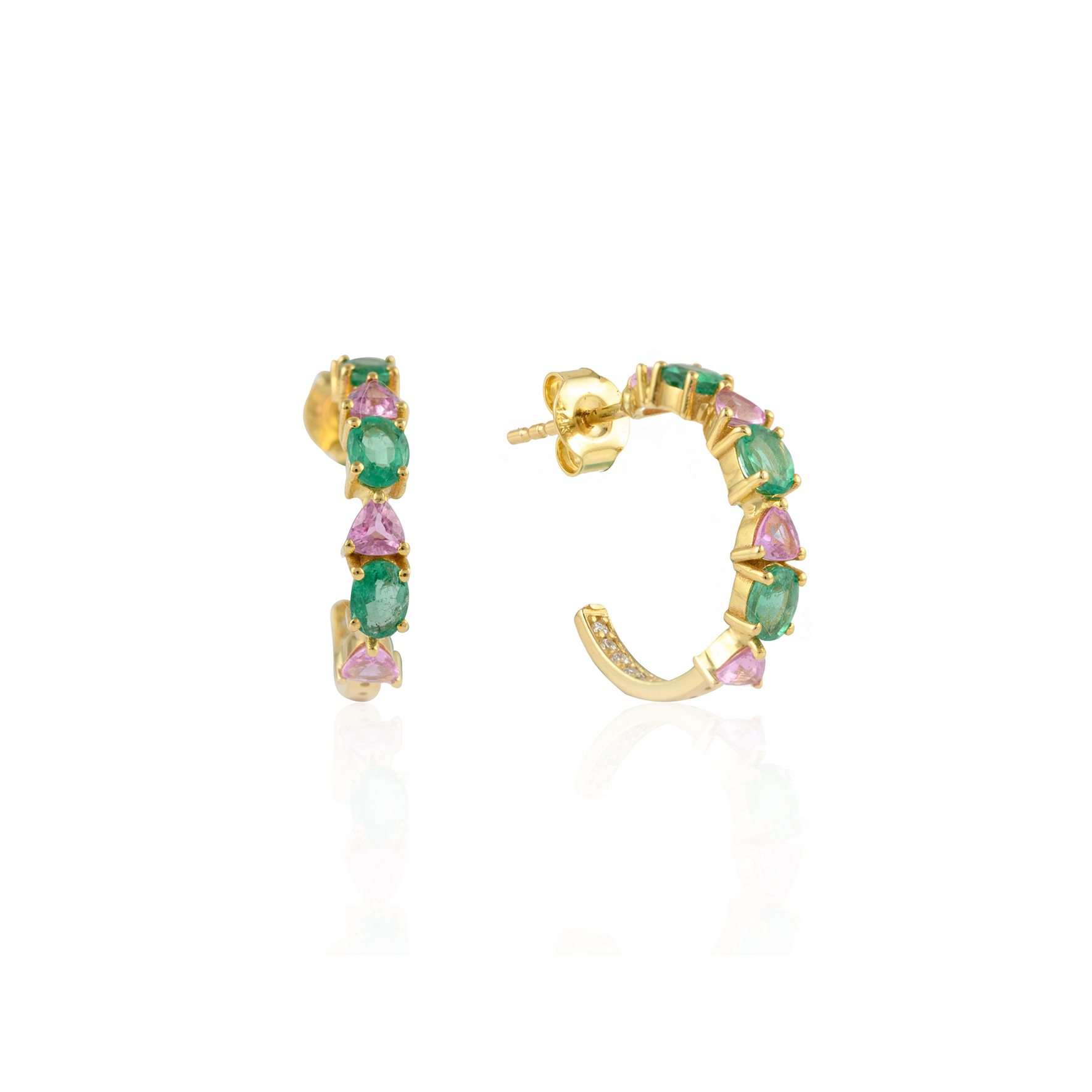 14K Yellow Gold Emerald and Pink Sapphire Earrings