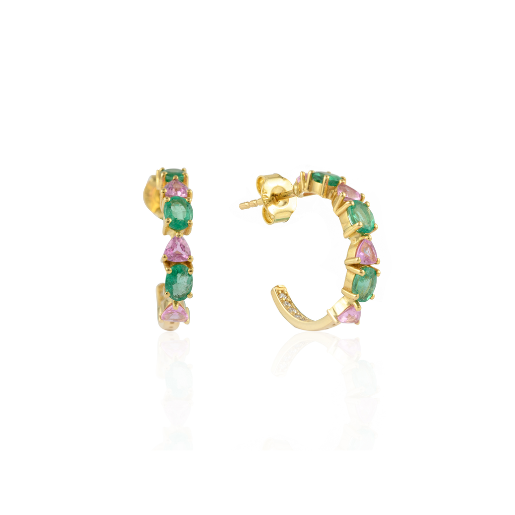 14K Yellow Gold Emerald and Pink Sapphire Earrings Image