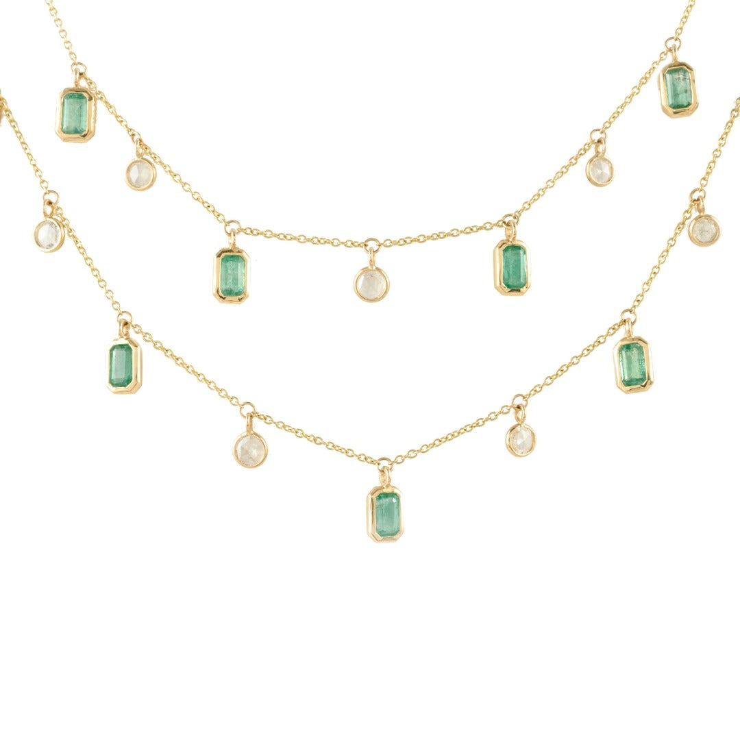 18K Emerald and Diamond Station Charm Necklace